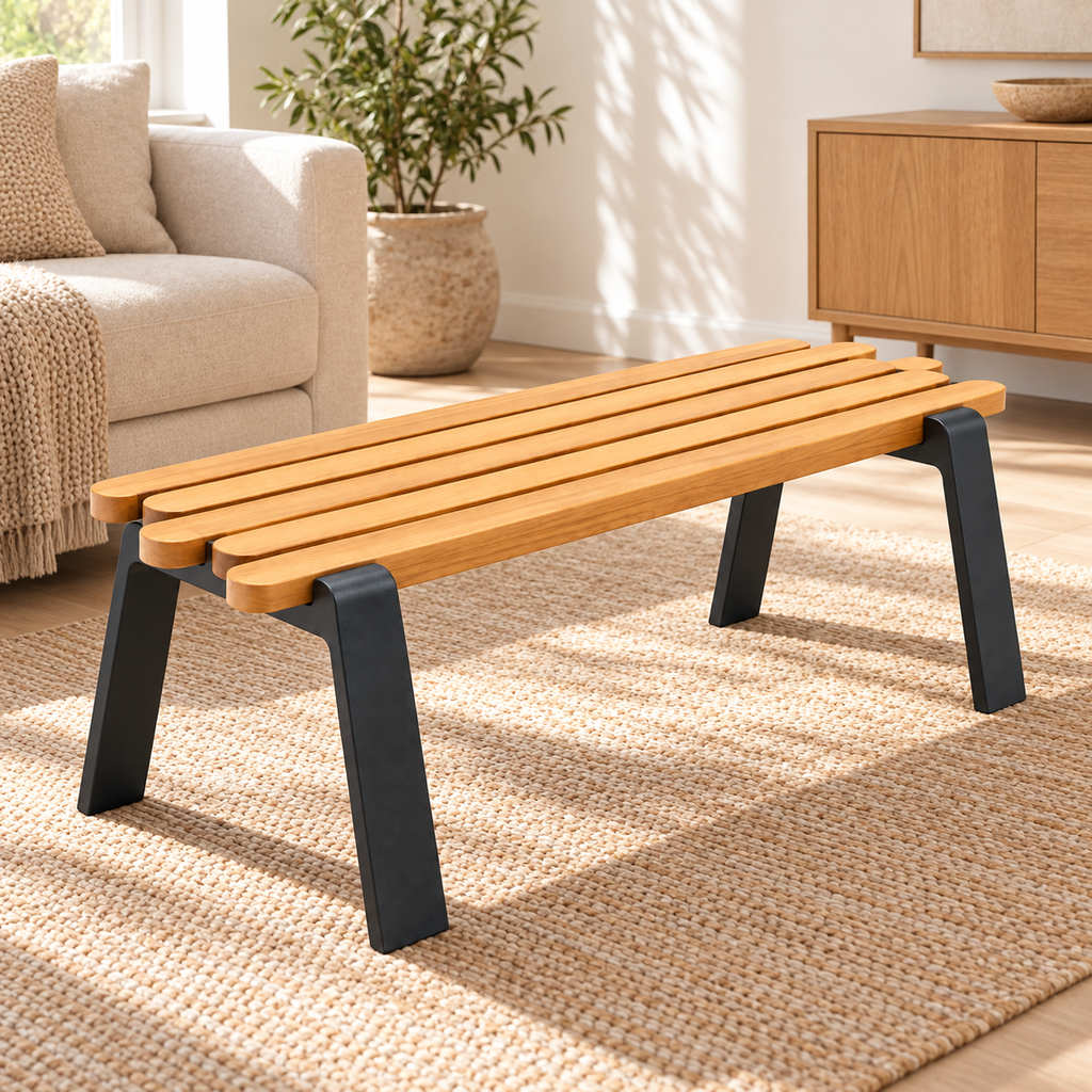 Staggered Slat Wood and Steel Accent Bench