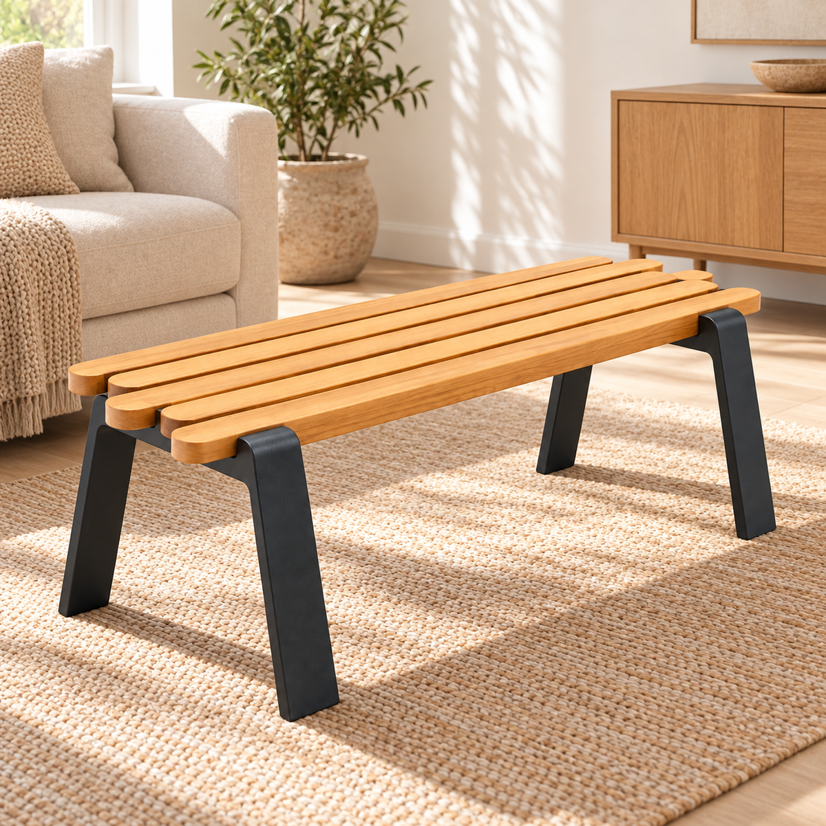 Staggered Slat Wood and Steel Accent Bench