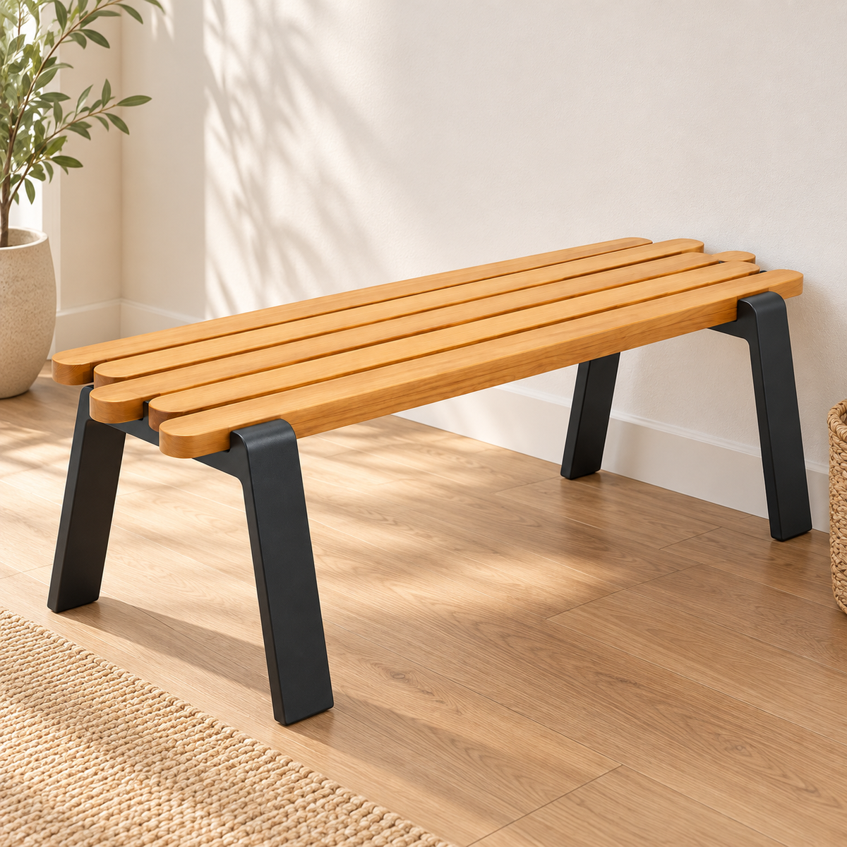 Staggered Slat Wood and Steel Accent Bench